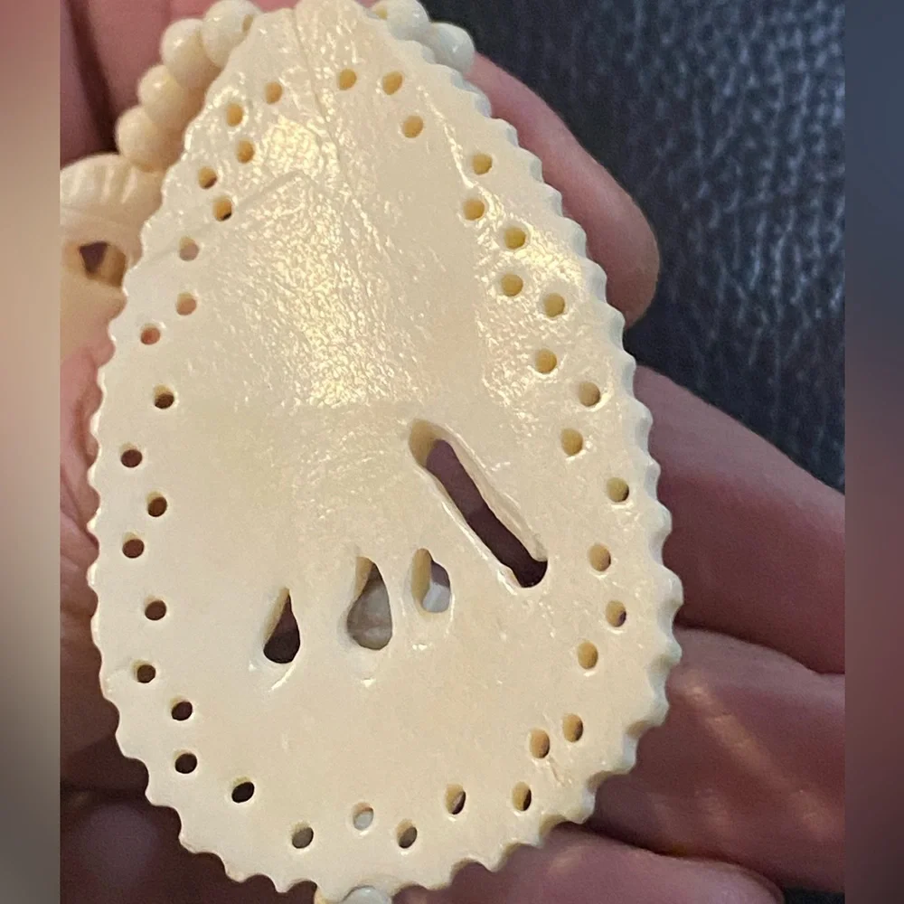 Vintage Carved Bone Pendant Off White Beaded Necklace Elephant Design Good Luck
